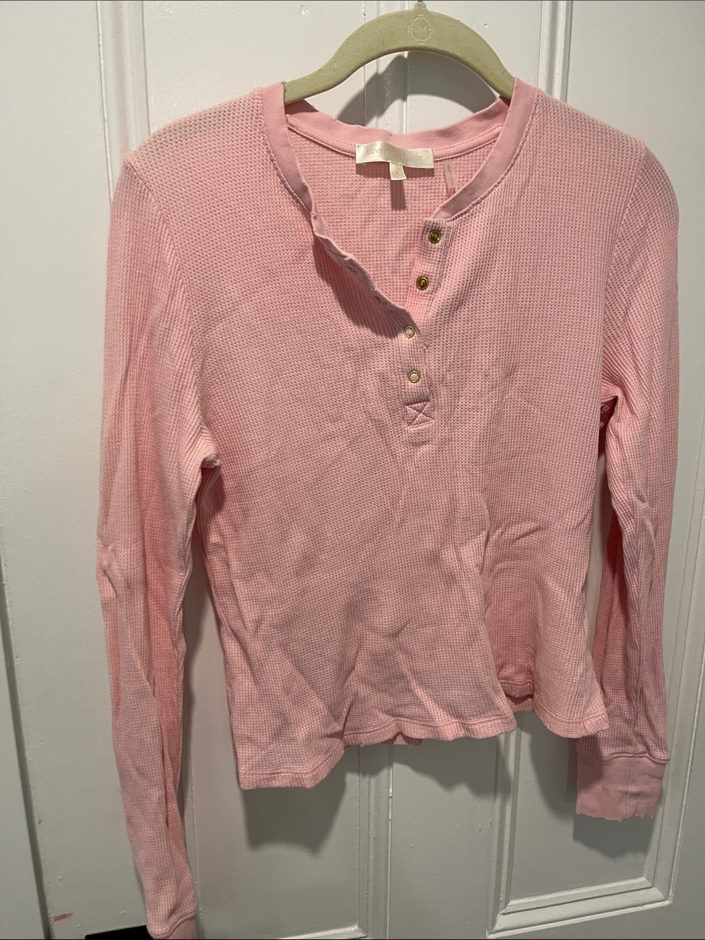 LoveShackFancy Pink Waffle Henley Long Sleeve Top